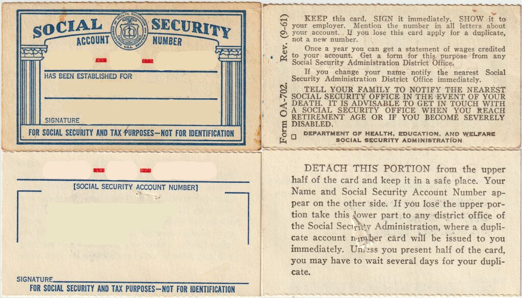 A scanned vintage Social Security account-number card and its attached instruction form, printed in blue and black ink.