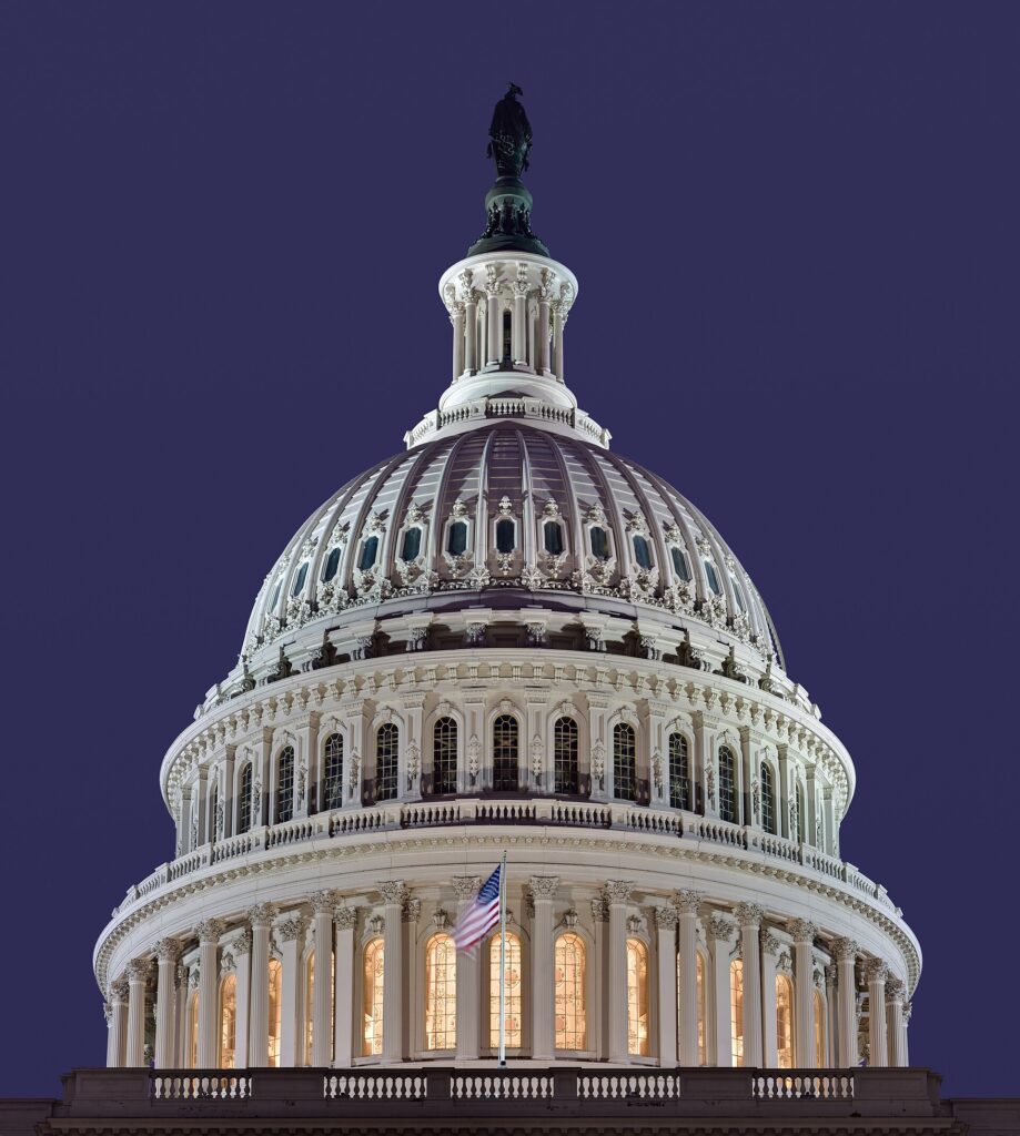 The illuminated dome of the United States Capitol building at night, with a U.S. flag visible in front.