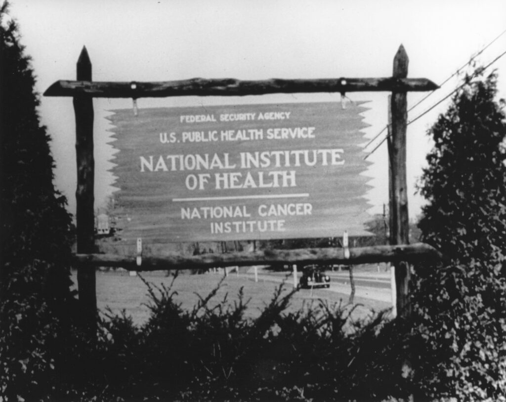 A roadside-style wooden sign reading “National Institutes of Health” and “National Cancer Institute,” surrounded by trees.